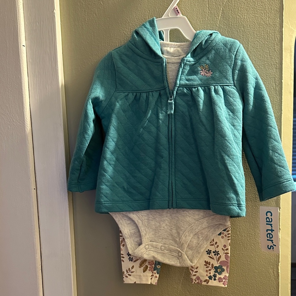 Carter's Blue Quilted Jacket with Floral pants set